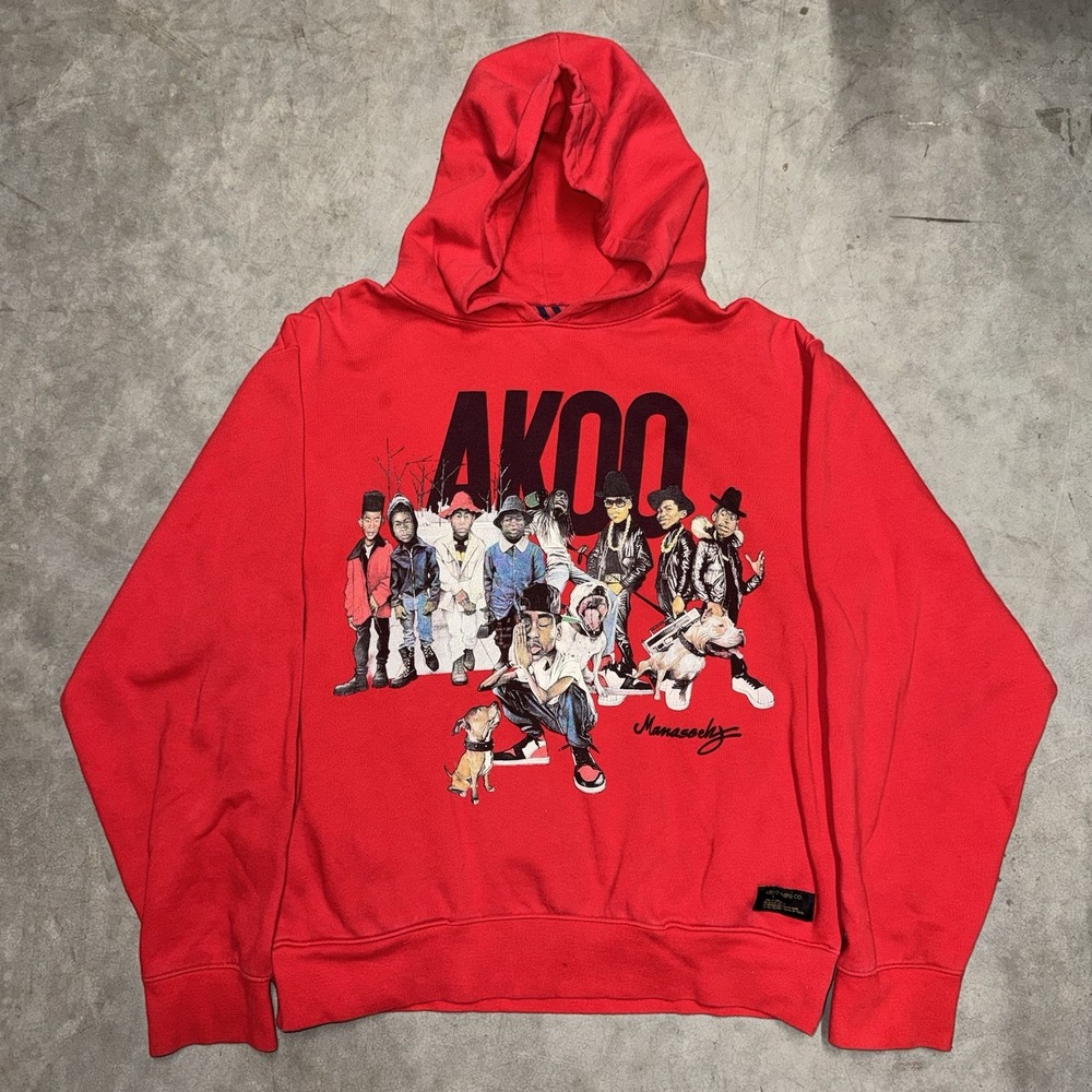 Y2K Red Akoo Hip Hop Streetwear Hooded Sweatshirt Size Medium